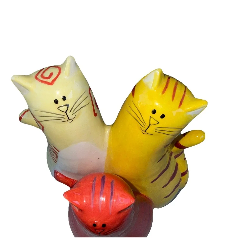Bella Casa Whimsical Triple Cat Figurine Colorful Handpainted 9